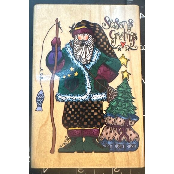 Fishing Santa Claus Seasons Greetings Rubber Stamp By Alma Lynne Designs Inkadin - Picture 1 of 4